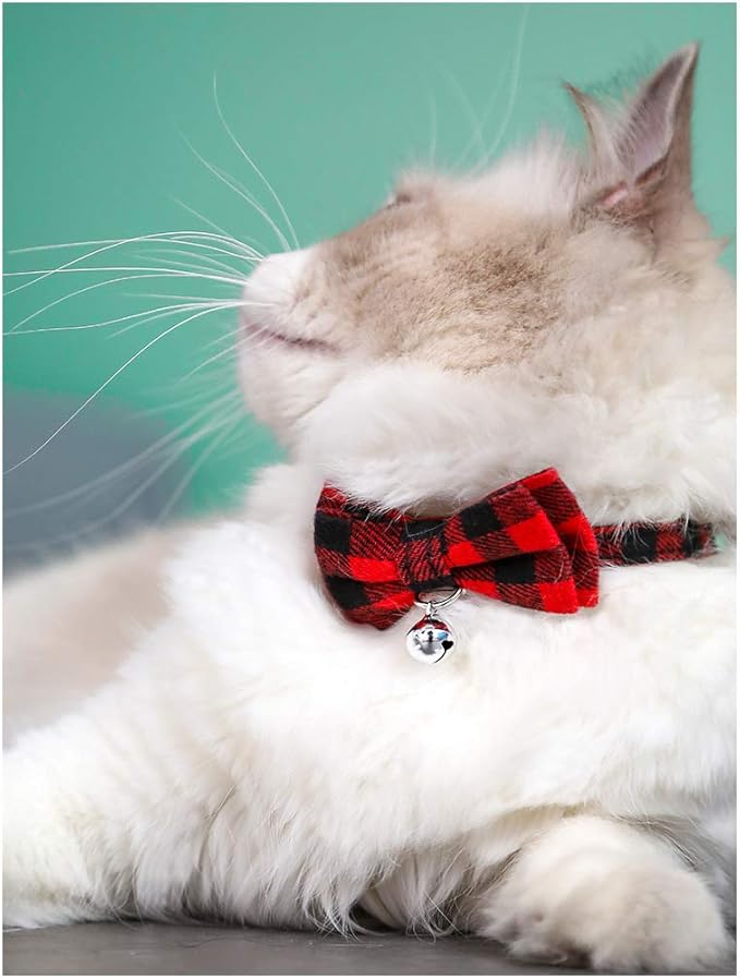 Breakaway Cat Collar with Bell and Bow, 2-Pack Plaid Kitten Collar with Bell, Bowtie Puppy Collars for XXS Xs Small Little Pet Tiny Dogs, Red+White