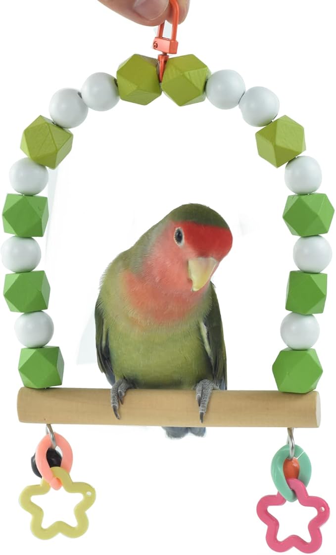 Wooden Bird Swing Perch for Parakeet, Small Birds Hanging Cage Stands Cockatiels Parrot Colorful Beads Bell Trainning Toy Playground Gym Accessories for Lovebirds Conures Budgies