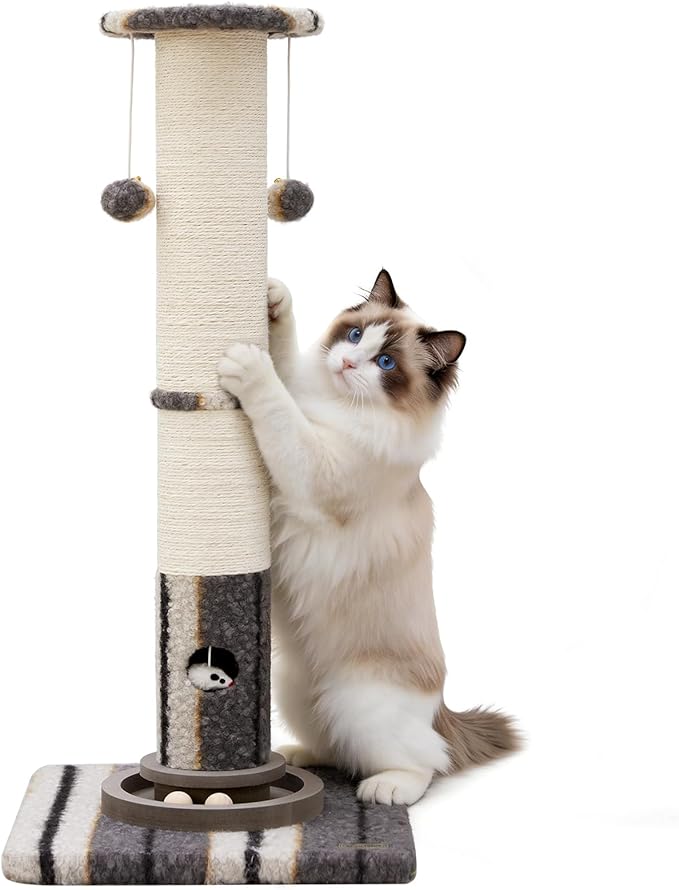 34inches Cat Scratching Post Sisal Cat Scratcher with Cat Ball Track Toy Heavy Duty and Thicker Large Diameter Natural for Adult Cats and Kitty Protect Your Furniture（Grey）