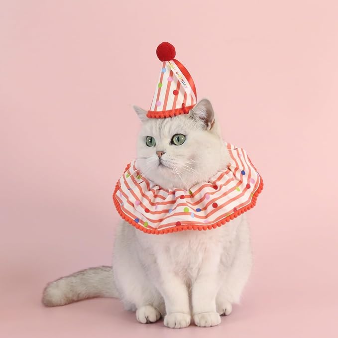 Cat Dog Birthday Bandana Scarf and Party Hat Cute Polka dot and Stripe Bib Scarf and Birthday Hat Cat Puppy Birthday Party Decorations Set