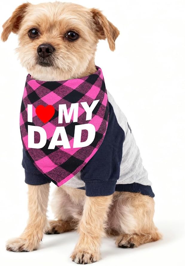 GreenJoy Cute Plaid Dog Bandana – Washable Pet Triangle Scarf for Small, Medium, Large Dogs and Cats, Adjustable Pet Accessory for Birthday, Wedding and Christmas (Pink (I Love My Dad), Small)