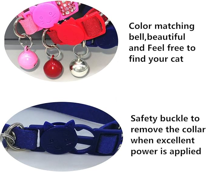 THAIN Basic Adjustable Cat Collar Bling Diamond Breakaway with Bell for Kitten Girl boy (Blue)