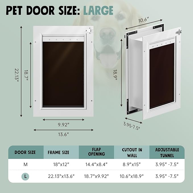 3-Flap Insulated Aluminum Dog Door for Walls, Heavy-Duty Telescoping Pet Door with Dual Security Locks & Magnetic Flaps, Closing Panel, Large, Pets Up to 110 LB