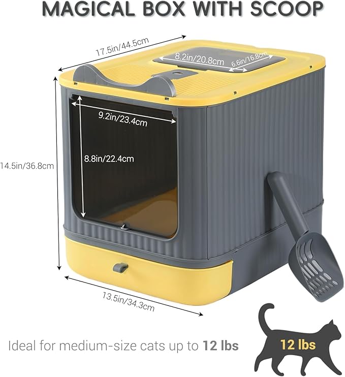 Upgraded Fully Enclosed Cat Litter Box with Lid, Covered Cat Box Enclosure, Anti-Splashing Easy to Clean Kitty Litter Boxes with Drawer, 3 Modes can Use from Kitten to Adult(Yellow&Grey)