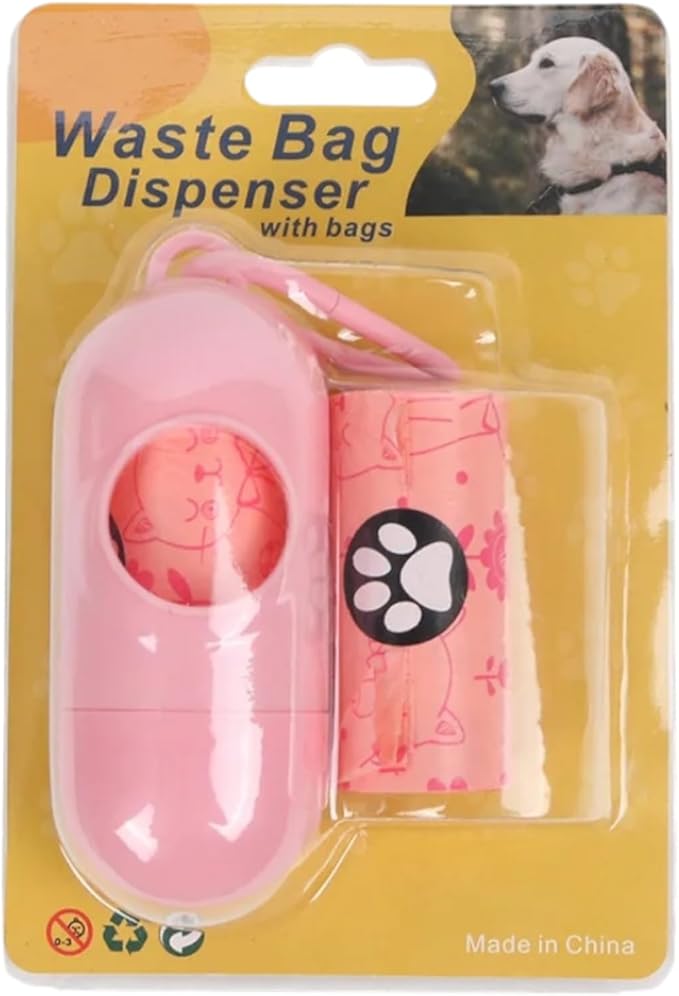 Pet Accessories Set, Pink Towel with Paw Print and Bone Designs, Collapsible Bowl, Waste Bag Dispenser