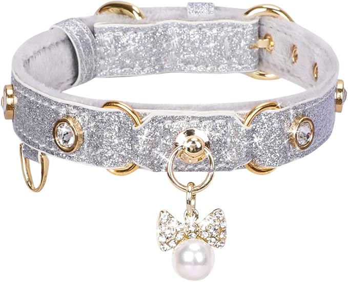 PetsHome Cat Collar, Dog Collar, [Bling Rhinestones] PU Leather Adjustable Pet Collar with Luxury Pendant for Cat and Small Dog Extra Small Silvery