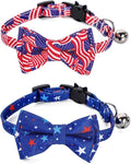2-Pack Breakaway Cat Collars with Removable Double-Layer Bow Tie and Bell for Boy and Girl Cats Safety Kitten Collars Suitable for Festivals and Daily. (Independence Day)