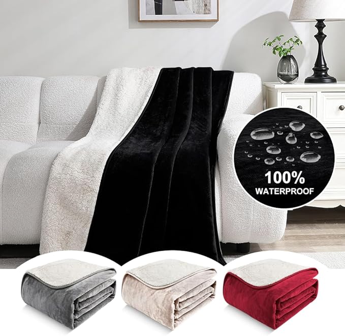 Waterproof Blanket for Beds – Ideal for Couch & Pets Splash Proof Sherpa Throw, Leakproof TPU Layer, Stain Resistant Washable Bed Protector – Black, 90"x 80"