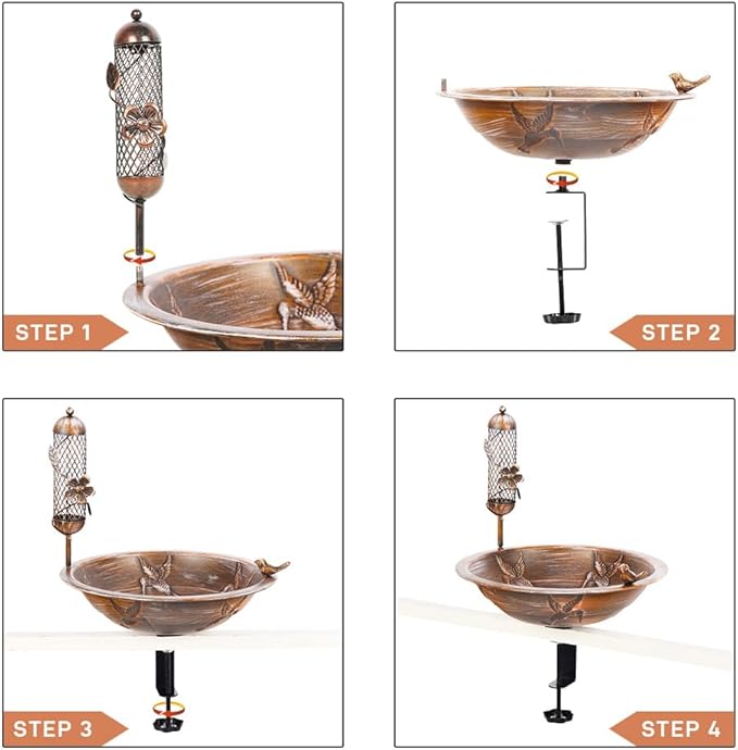 DREAMSOUL Deck Bird Bath with Feeder, 13" Bird Bath for Outside with Adjustable Sturdy Steel Clamp, Metal Birdbath Bowl for Railing Balcony Patio Decor