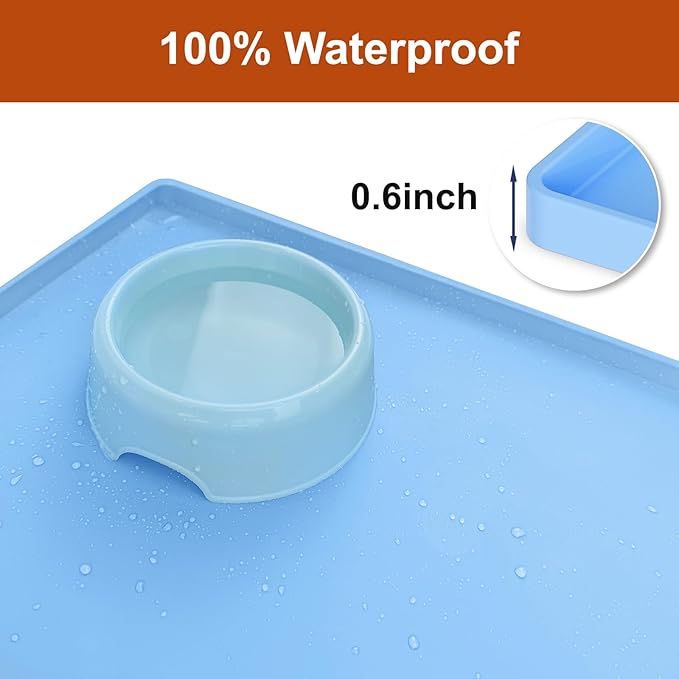 Extra Thick Silicone Mat Waterproof with Raised Edge 19” x 12”, BPA Free Non-Slip Dog & Cat Food Mat, Feeding Mat for Food and Water Bowls, Spill Proof Mat to Protect Floors, Blue