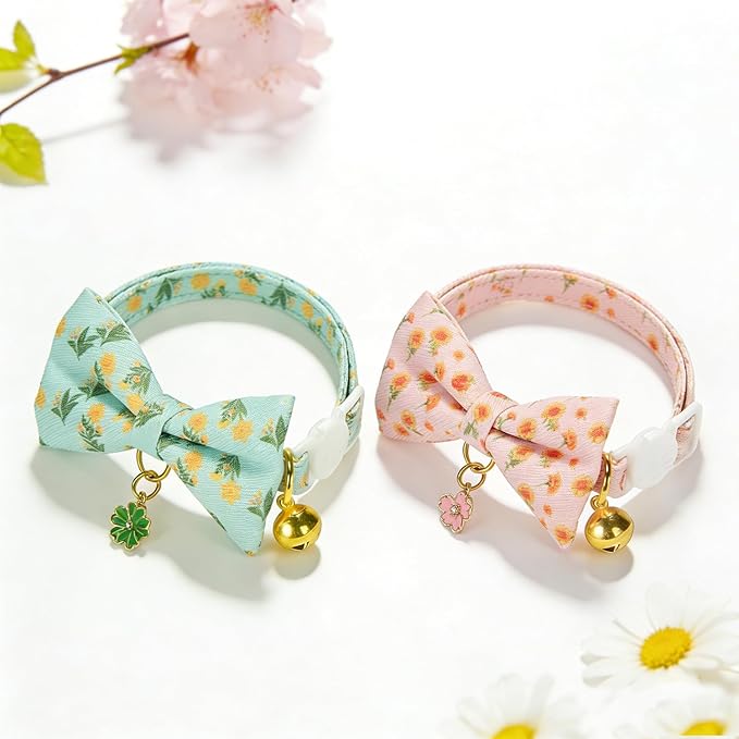 2 Pack Floral Cat Collars with Bow Tie and Bell Adjustable Breakaway Bowtie Cute Kitten Collar(Green & Yellow Flowers)