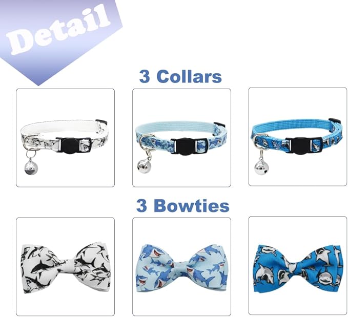 3 Pack Cat Collar Breakaway with Removable Cute Bow Tie and Bell Adjustable Safety Buckle Shark Print White Light Blue and Blue
