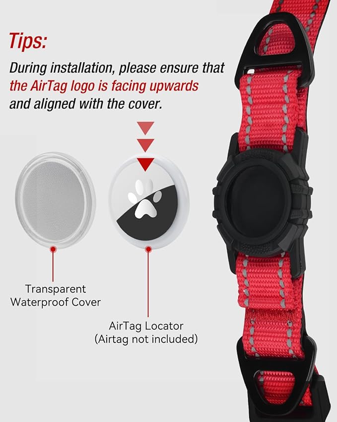 Joytale Airtag Dog Collar, Reflective Pet Collar with Waterproof AirTag Holder, Dual D-Rings, Soft Padded Adjustable for Large Dogs, Red, L