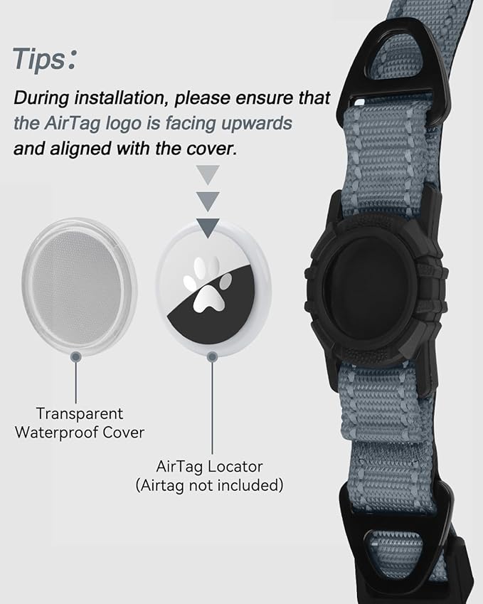 Joytale Airtag Dog Collar, Reflective Pet Collar with Waterproof AirTag Holder, Dual D-Rings, Soft Padded Adjustable for Extra Small and Puppy Dogs, Gray, XS