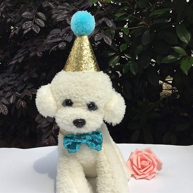 4 Pcs Cat Birthday Hat Bowtie Small Dog Hat Headband Topper Bowtie Adjustable Cute Puppy Birthday Costume Accessories for Small Medium Pets (2/Pink+Light Blue)