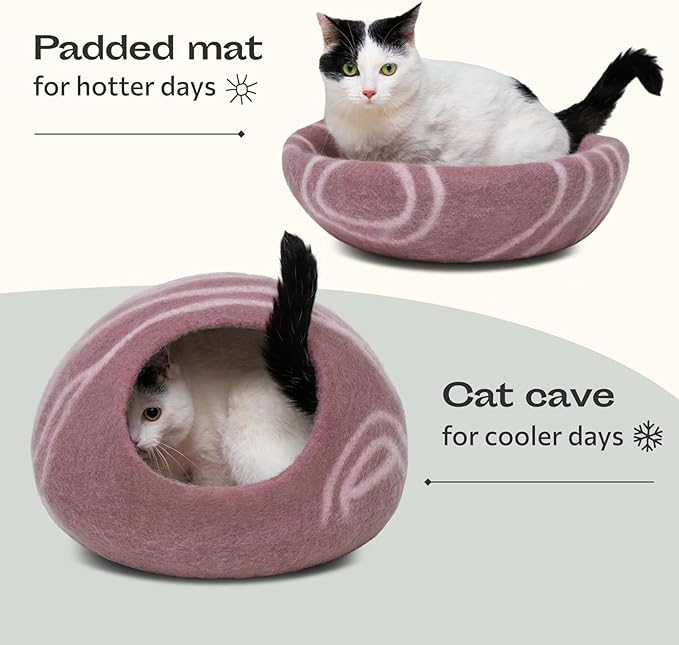 MEOWFIA Cat Cave – Premium Felt Cat Bed for Indoor Cats, Handmade Merino Wool (Gold Rose, Large)