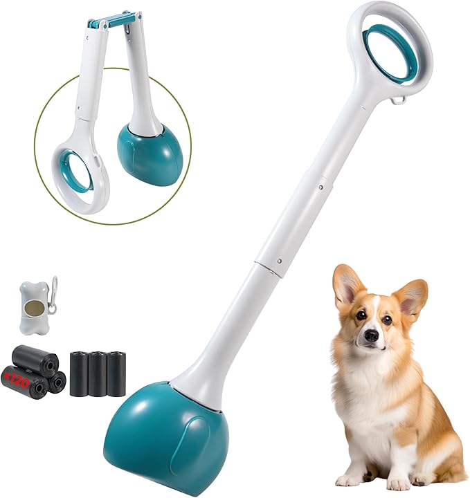 Dog Pooper Scooper Portable with Bag Attachment, One Handed Foldable Design, Includes 120 Waste Bags and Dispenser, 28 Inch Handle for Grass Yard Gravel Cleanup (Green)
