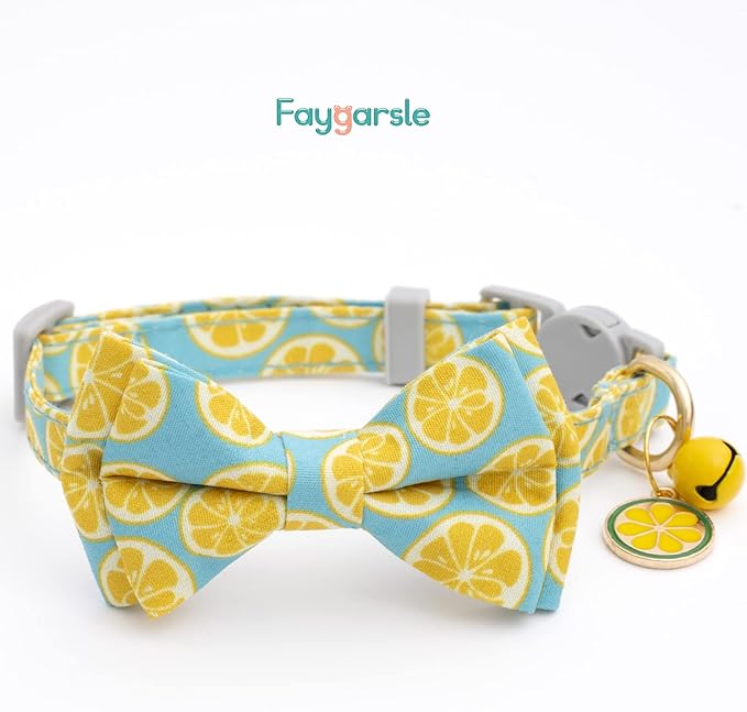 Faygarsle 2 Pack Cute Cat Collar with Bell Breakaway Bowtie for Male Female Cats Soft Fancy Pink Yellow Watermelon Lemon Pattern Spring Summer Cat Collar for Boy Girl Cats