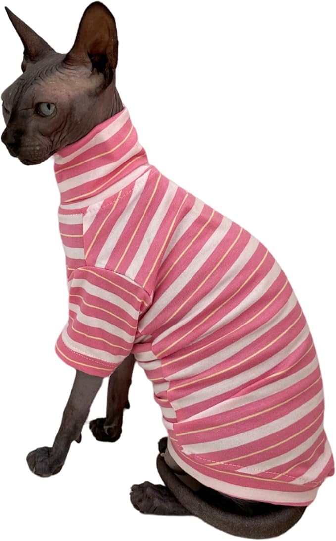Vintage Stripes Sphynx Hairless Cats Shirt Cotton Cat Turtleneck Pet Clothes Kitten T-Shirts with Sleeves for Sphynx Cats (Sakura, Medium)