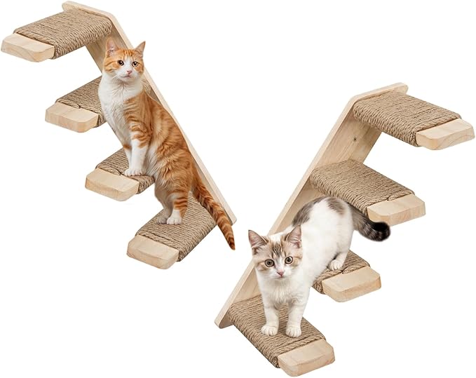 HOOBRO Cat Wall Shelves Set of 2, Wood Wall Mounted 4-Level Cat Wall Steps, Cat Wall Climber Furniture, Cat Climbing Shelves with Jute Scratching Steps, for Cat Perches and Platforms, Nature NL42CS03