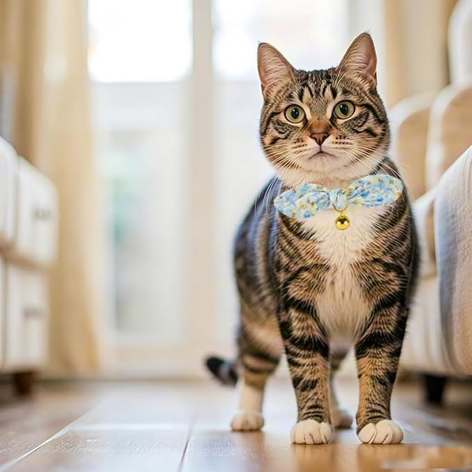 Bunny Ear Bowtie Cat Collar with Bell 2 Pack Cotton Breakaway Kitten Collars with Removeable Bow Stylish Cat Collars(Floral Blue)