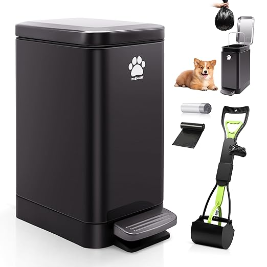 Dog Poop Trash Can Outside with Poop Scooper for Dogs, 12L/3.2Gal Metal Outdoor Garbage Can with Lid Suitable for Small, Medium and Large Dogs (Tungsten Steel)