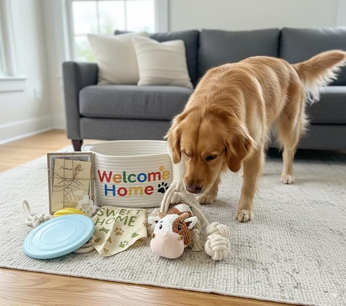 Welcome Home Dog Gift Basket - New Puppy Keepsake Box with Promise Card, Woven Storage, Bandana & Toys - The Perfect Dog Adoption Gift, A Thoughtful Gift for New Pet Owners