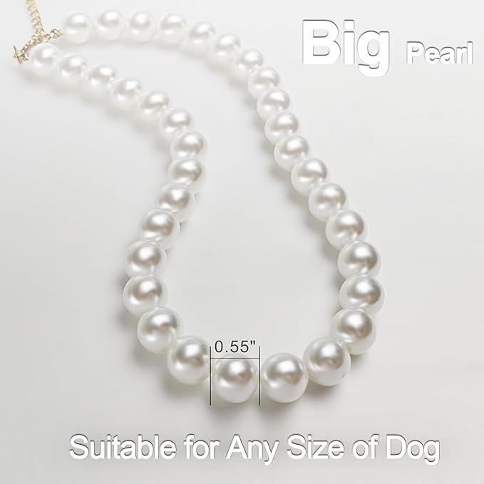Chunky Pearl Dog Collar Large Breed (0.55 Inch), Adjustable Dog Necklace, Beaded Dog Collar Imitation White Pearls, Elegant Girl Dog Jewelry Accessories for Large Dogs