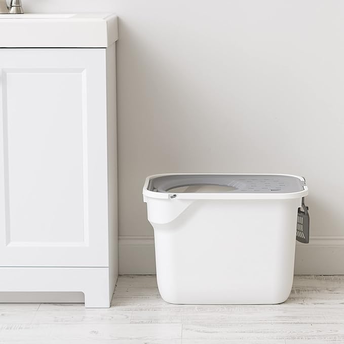 IRIS USA Cat Litter Box, Large Cat Box Enclosure, Top Entry with Litter Catching Lid, Enclosed with Scoop, White/Gray