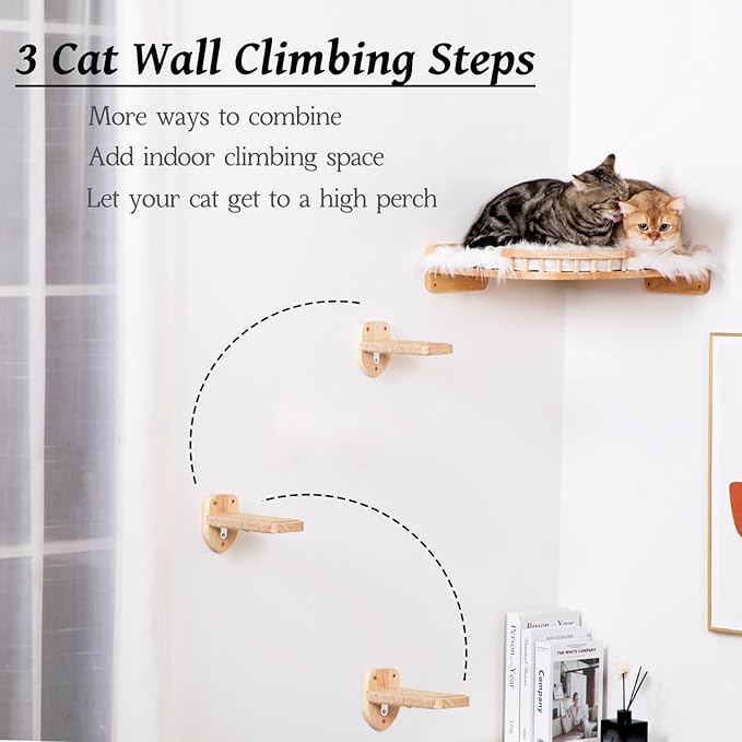 Cat Shelves - 3-Step Wall Climbing Set with Plush Bed, Ideal for Large Cats - RubberWood