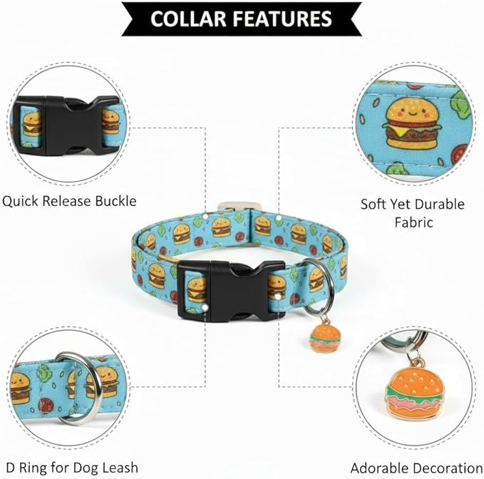 Cute Dog Collar, Blue Dog Collar with Burger Pattern and Cute Charm, Puppy Collar with Quick Release Buckle and Durable Fabric, Suitable for Small Dogs