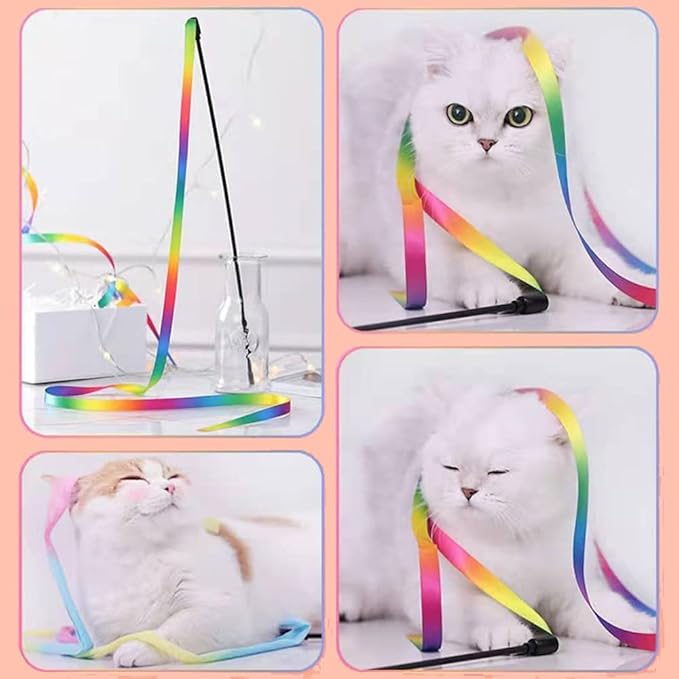 LASOCUHOO Interactive Cat Wand Toys Interactive Cat Teaser Wand String Ribbon Rainbow Charmer for Cats and Kittens - 2 Packs