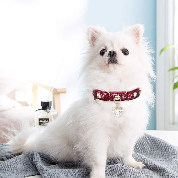 PetsHome Cat Collar, Dog Collar, [Bling Rhinestones] PU Leather Adjustable Pet Collar with Luxury Pendant for Cat and Small Dog Extra Small Wine Red