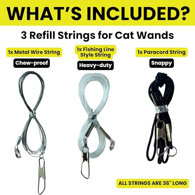 Replacement Strings for Cat Wands, 3 Pieces - Chew-Proof Metal Wire, Durable No Tangle Transparent Fishing Line and Paracord String - Heavy Chewers Refill Strings with Universal Clasps for All Toys