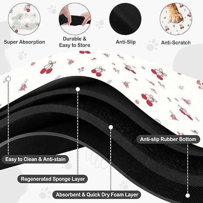 Dog Food Mat for Pet Cat Food Mat, Cherry Absorbent Quick Dry Dog Bowl Mats for Food and Water, Non-Slip Cat Pet Feeding Mats for Floor Placemats 12"x20"