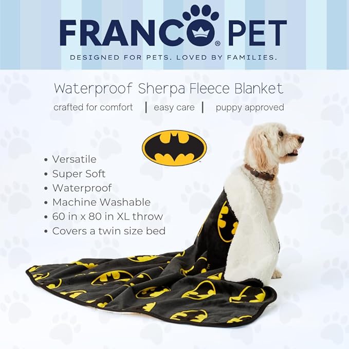 Franco Pet Batman DC Comics Bat Shield Logo XL Oversized Super Soft Cozy Waterproof Sherpa-Backed Blanket Throw for Large Dogs, Couch/Bed/Car, 60x80 (Officially Licensed Product)