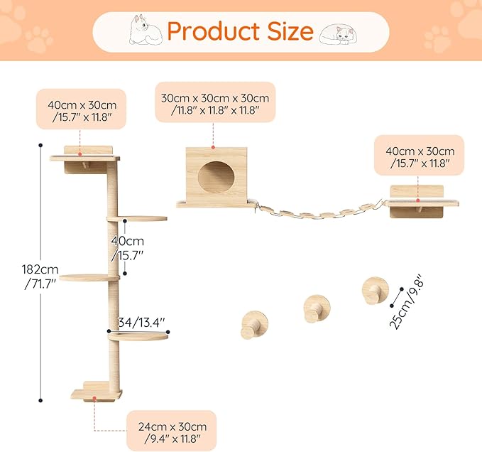 HOOBRO Wood Cat Wall Shelves for Large Cats, 11-Piece Cat Wall Furniture, Wall-Mounted Shelves with House, Hammock, Ladder, Scratching Posts and Step, Climbing Wall for Multiple Cats, Natural NL46CS03