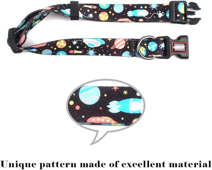 QQPETS Adjustable Soft Dog Collar: Print Flower Pink Multicolor Cute Patterns for XS Small Medium Large Pet Girl Boy Puppy Walking Running Training (L, Space)