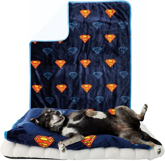 Franco Pet Superman DC Comics Super Soft Cozy Waterproof Sherpa-Backed Blanket Throw for Medium Dogs, Couch/Bed/Car, 40x50 (Officially Licensed Product)