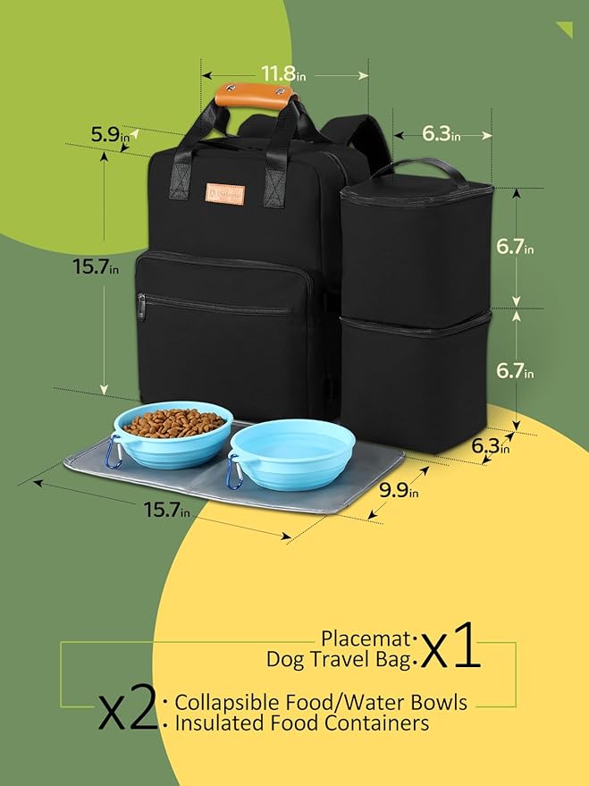 Dog Travel Bag All-in-One Set: DELOMO 25L Airline Approved Dog Travel Backpack with 2 Food Containers + 2 Collapsible Bowls + 1 Waterproof Mat for Weekend to Week-Long Pet Travel, Camping, Road Trips