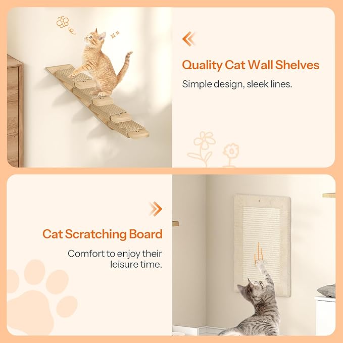 HOOBRO Wood Cat Wall Shelves, Set of 5 Modern Cat Wall Furniture with Corridor, Plush Hammock, Steps, Scratcher and Climbing Shelves for Playing, Sturdy, Durable and Safe, Natural NL45CS03