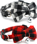 Breakaway Cat Collar with Bell and Bow, 2-Pack Plaid Kitten Collar with Bell, Bowtie Puppy Collars for XXS Xs Small Little Pet Tiny Dogs, Red+White