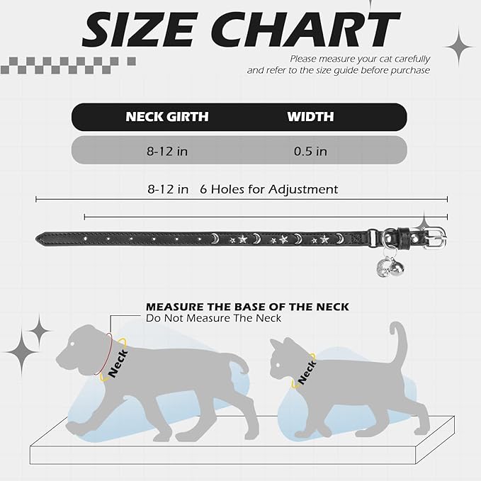 EXPAWLORER Cat Collar for Girl Boy Cats- Adjustable Leather Pet Collar with Safety Elastic Belt,Personalized Punk Accessories Buckle Collars with Bell & Durable D-Ring, Star & Moon