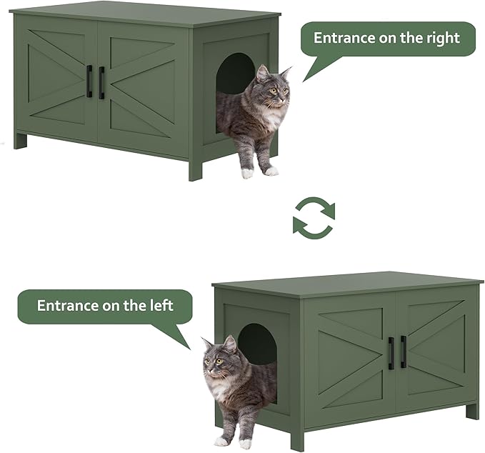 Homhedy Cat Litter Box Enclosure,Litter Box Furniture Hidden with Barn Door,Wooden Cat Washroom Furniture,Fit Most of Litter Box, Green, CL50L