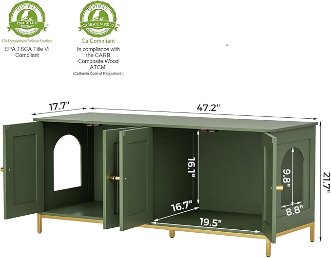 Homhedy Cat Litter Box Enclosure for 2 Cats, Litter Box Furniture Hidden with Double Room, Cat House, 47.2”L x 17.7”W x 21.7”H, Green and Gold