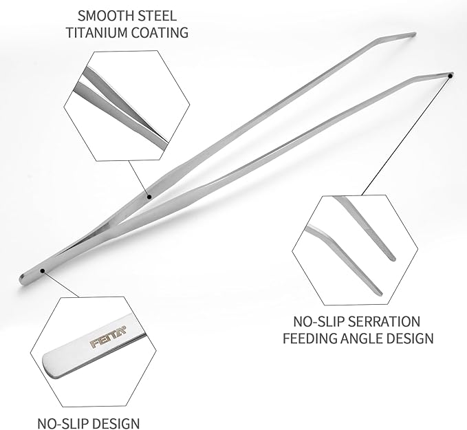 FEITA Extra Long 15 Inch Tweezer Stainless Steel Curved Tip for Aquarium Fishtank Aquascaping Tools, Aquarium Fishtank, Mega Reptile Feeding Tongs