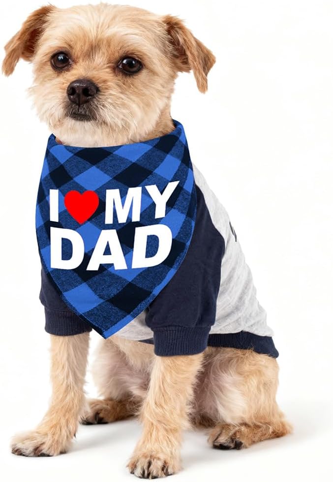 GreenJoy Cute Plaid Dog Bandana – Washable Pet Triangle Scarf for Small, Medium, Large Dogs and Cats, Adjustable Pet Accessory for Birthday, Wedding and Christmas (Blue (I Love My Dad), Small)