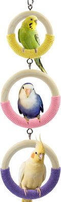 3-Ring Bird Swing Toy, Wrapped with Cotton Rope for Parrots Soft Grip, Thick Wood Parakeet Swing Perch for Cage, Hanging Climbing Bird Toys for 2-3 Parrots Budgies, Lovebirds, Cockatiels