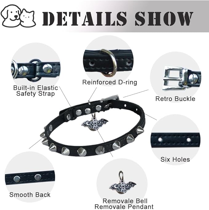 2 Pack Leather Cat Collar Breakaway with Bells and Pendant Adjustable Spiked Kitten Collar for Boy Cats Gothic Studded Cat Collar Moon and Star Black 8”-12”