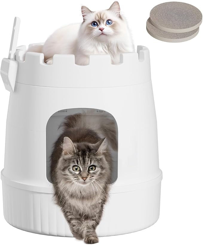 Lifewit Cat Litter Box, Hidden Enclosure Litter Tray with Odor Control & Carbon Filter in Living Room, Bedroom, Corner with Castle Scratching Board& Plastic Scoop, 48 x 54 cm/19x20, White